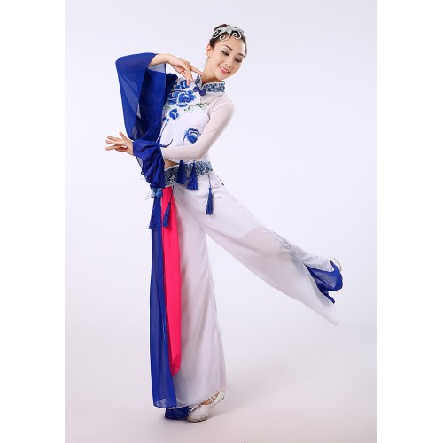 Chinese Traditional Chinese Fairy Dress royal blue and White Chinese Ancient folk dance Costumes outfits